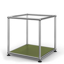 Table d'appoint 35 USM Haller, Panneau supérieur en verre, panneau inférieur en métal, Vert olive RAL 6003