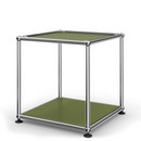 Table d'appoint 35 USM Haller, Panneau supérieur en verre laqué, panneau inférieur en métal, Vert olive RAL 6003