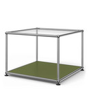 Table d'appoint 50 USM Haller, Panneau supérieur en verre, panneau inférieur en métal, Vert olive RAL 6003