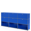 Meuble haut Highboard XL USM Haller, personnalisable, Bleu gentiane RAL 5010, Avec 3 portes abattantes, Avec 3 portes abattantes, Ouvert