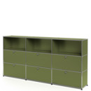 Meuble haut Highboard XL USM Haller, personnalisable, Vert olive RAL 6003, Ouvert, Avec 3 portes abattantes, Avec 3 portes abattantes